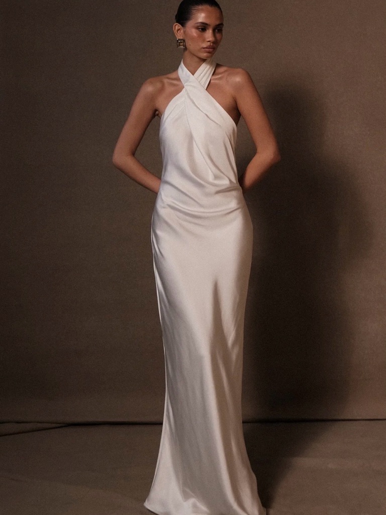 Meshki Twisted Halter Satin Gown